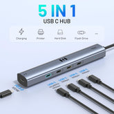5-in-1 USB C hub with multiple ports and cables on a light gray background